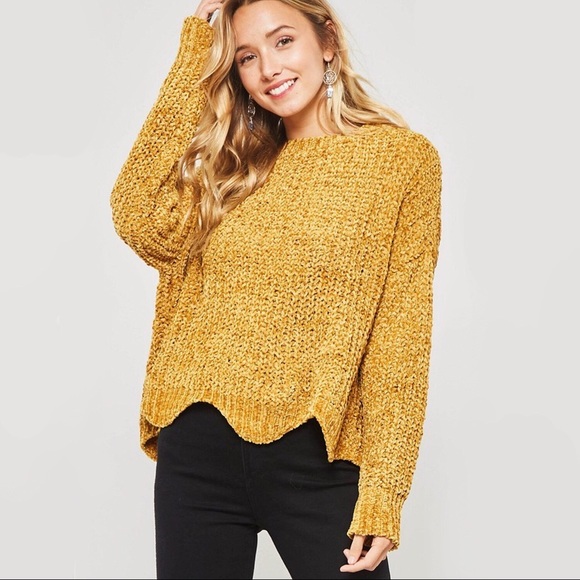 Chenille Ochre Scalloped Loose Knit Sweater - Picture 8 of 8